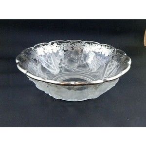 Frosted Glass Bowl Sterling Silver Overlay Grape Embossed Fruit Scalloped Edge